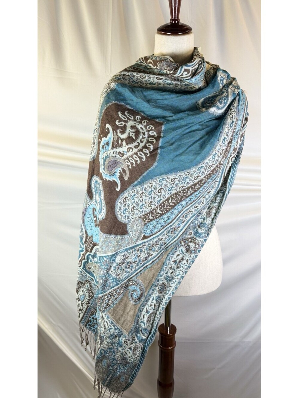Blue Reversible Jacquard Scarf Handwoven Fringed Shawl Paisley Wrap 29 X 80